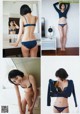 A series of photos of a woman in a blue lingerie.