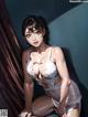 A woman in a white lingerie sitting on a bed.