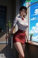 A woman in a white shirt and red skirt posing by a window.
